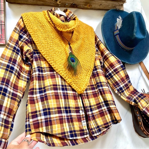 ROOTS plaid flannel boho shirt/cover up w fall harvest thanksgiving cabin vibe - Picture 11 of 14